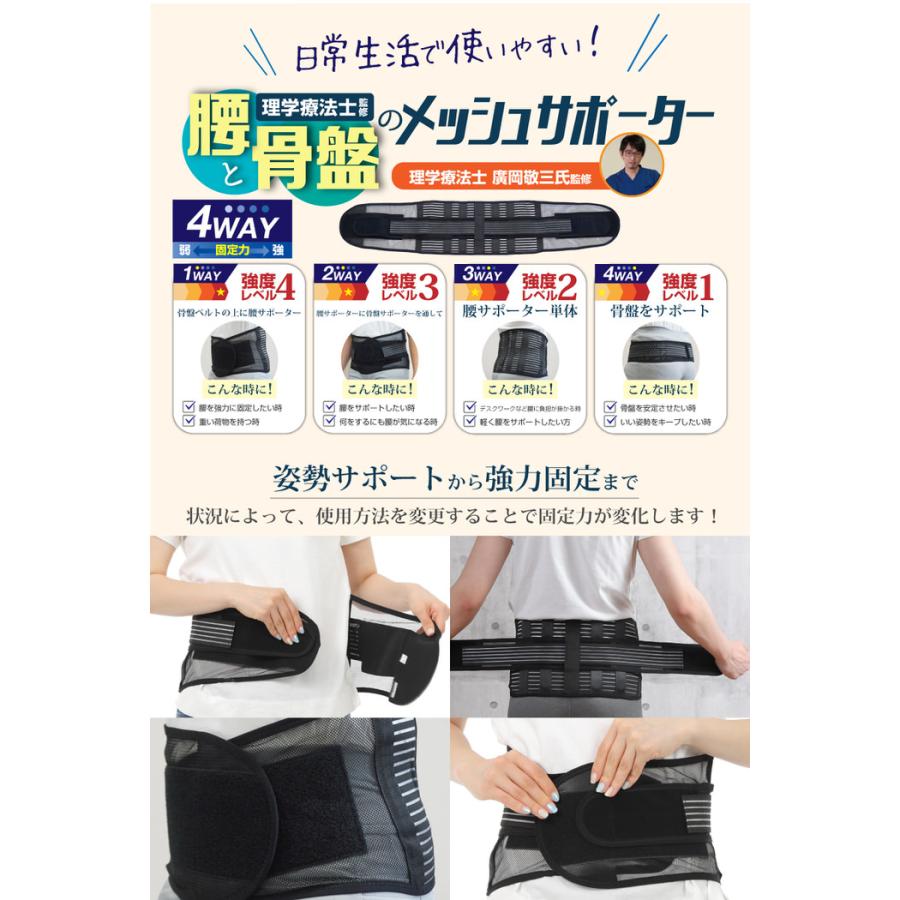 腰と骨盤の4Way メッシュ サポーター 骨盤 腰用 男性 薄手 蒸れない