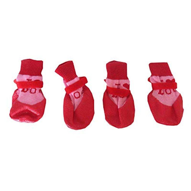 ルナリ 犬用ソックス 靴下 犬用 滑り止め ４個セット マジックテープ付き レッド 人気スポー新作 S
