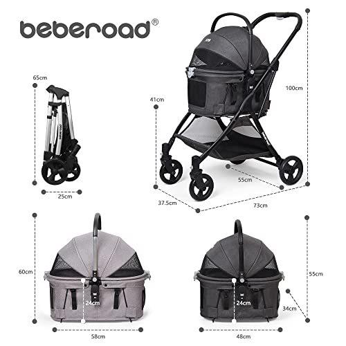 Beberoadペットカート ペットバギー 多機能折りたたみ式猫小型犬ペットベビーカー 取り外し可能なバスケット 金属製のハンドル 前輪360°回転 Beberoadペットカート ペットバギー 多機能折りたたみ式猫小型犬ペットベビーカー 取り外し可能なバスケット 金属製のハンドル