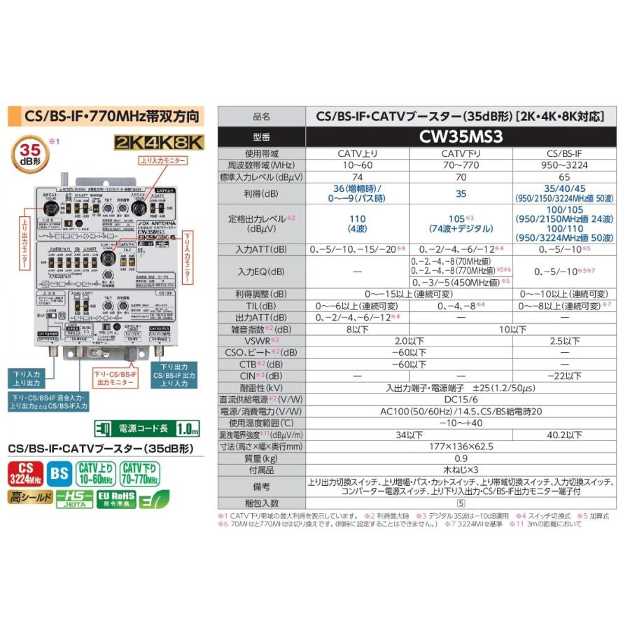 DXアンテナ 2K・4K・8K対応 CS/BS-IF・CATVブースター 35dB型 CW35MS3