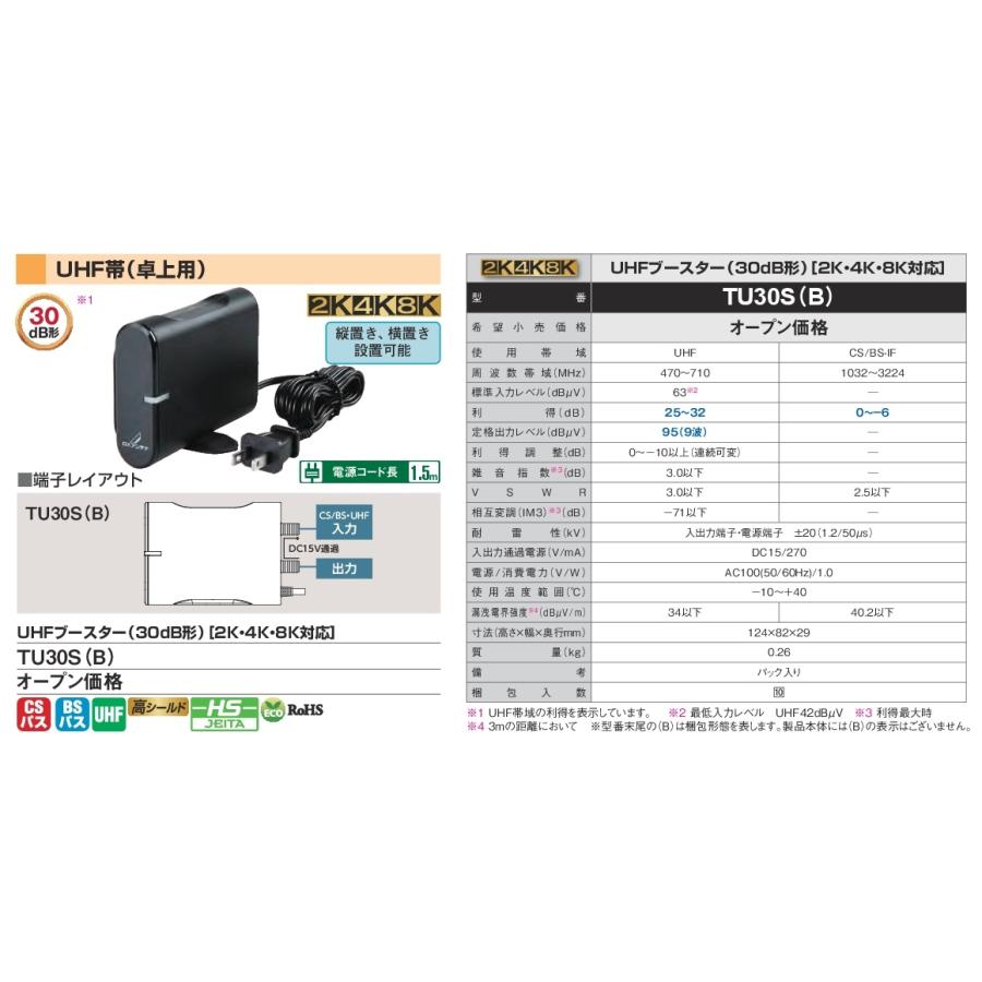 DXアンテナ 2K・4K・8K対応 UHFブースター(30dB形)(卓上用) TU30S(B