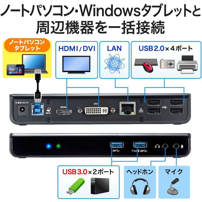 サンワダイレクト　USB3.0　ドッキングステーション　HDMI　USBハブ　DVI　400-VGA009　ギガビット有線LAN　出力