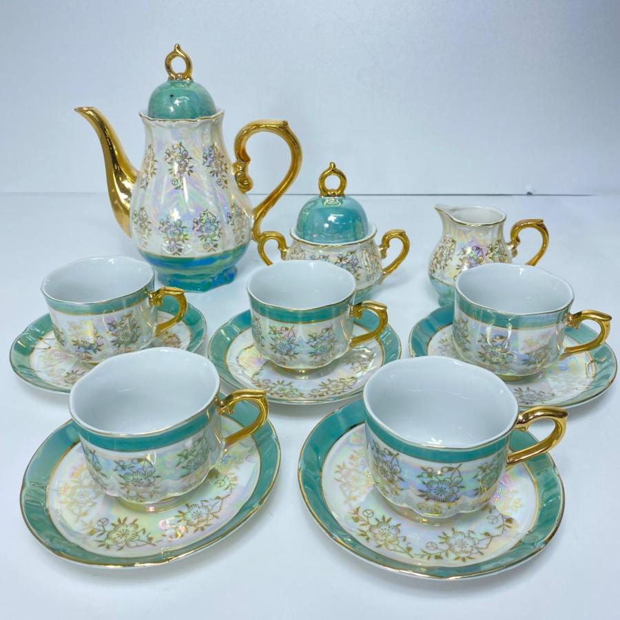オーロラ彩 金彩 コーヒーカップ＆ソーサー 5客＋ポット シュガー 
