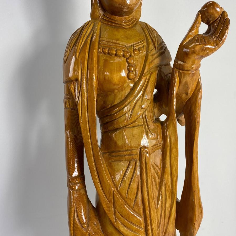 木彫り 観音菩薩像 仏像 彫刻 一木造 高さ約90cm 仏教美術 木製 置物
