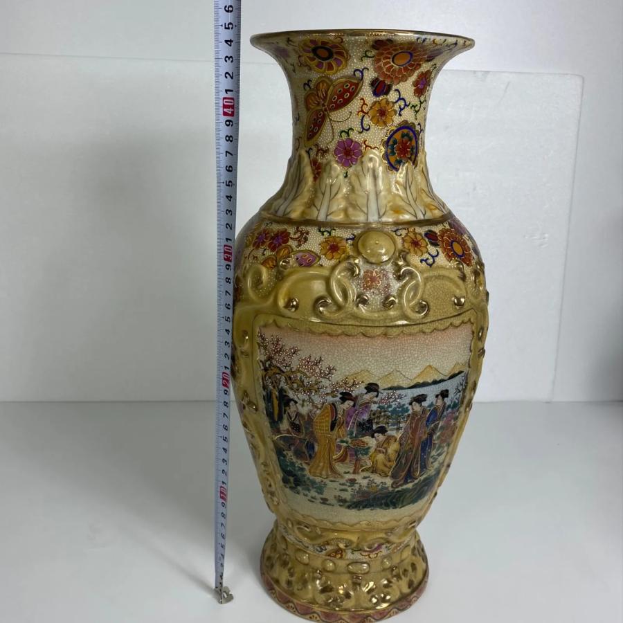 薩摩焼 蓋つき壺 高さ46㎝ 色絵金彩花鳥文様 花瓶 花器 薩摩焼 花鳥風月図 金彩絵付 壺 花瓶 高さ約45cm 飾壺 骨董 和風