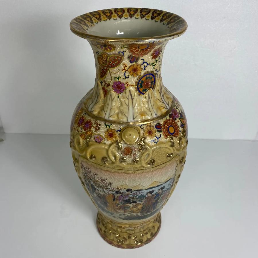 薩摩焼 花鳥風月図 金彩絵付 壺 花瓶 高さ約45cm 飾壺 骨董 和風