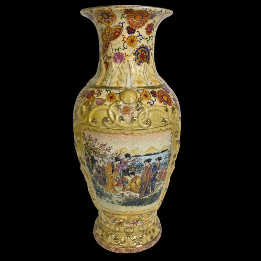 薩摩焼 花鳥風月図 金彩絵付 壺 花瓶 高さ約45cm 飾壺 骨董 和風