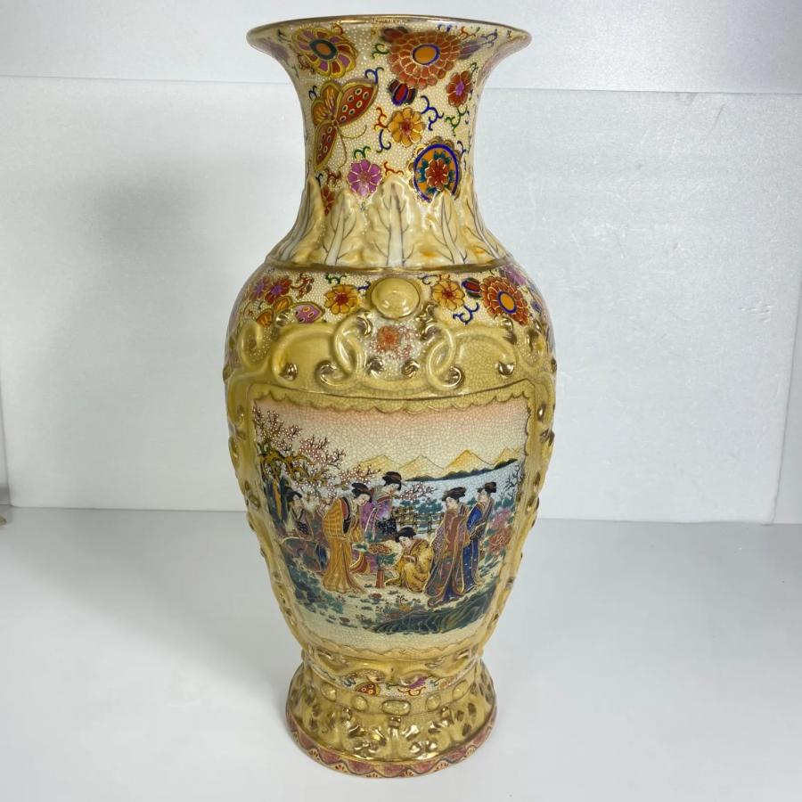 薩摩焼 花鳥風月図 金彩絵付 壺 花瓶 高さ約45cm 飾壺 骨董 和風