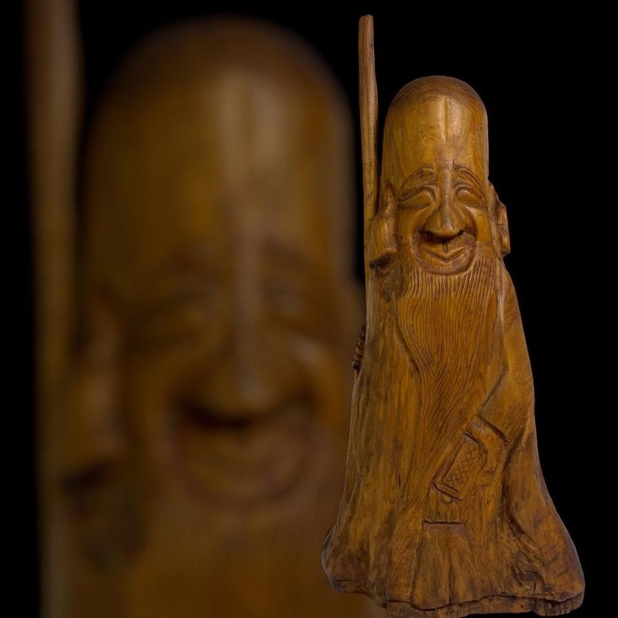 木彫り 寿老人像 七福神 福禄寿 手彫り 彫刻置物 木製人形 工芸品 民芸