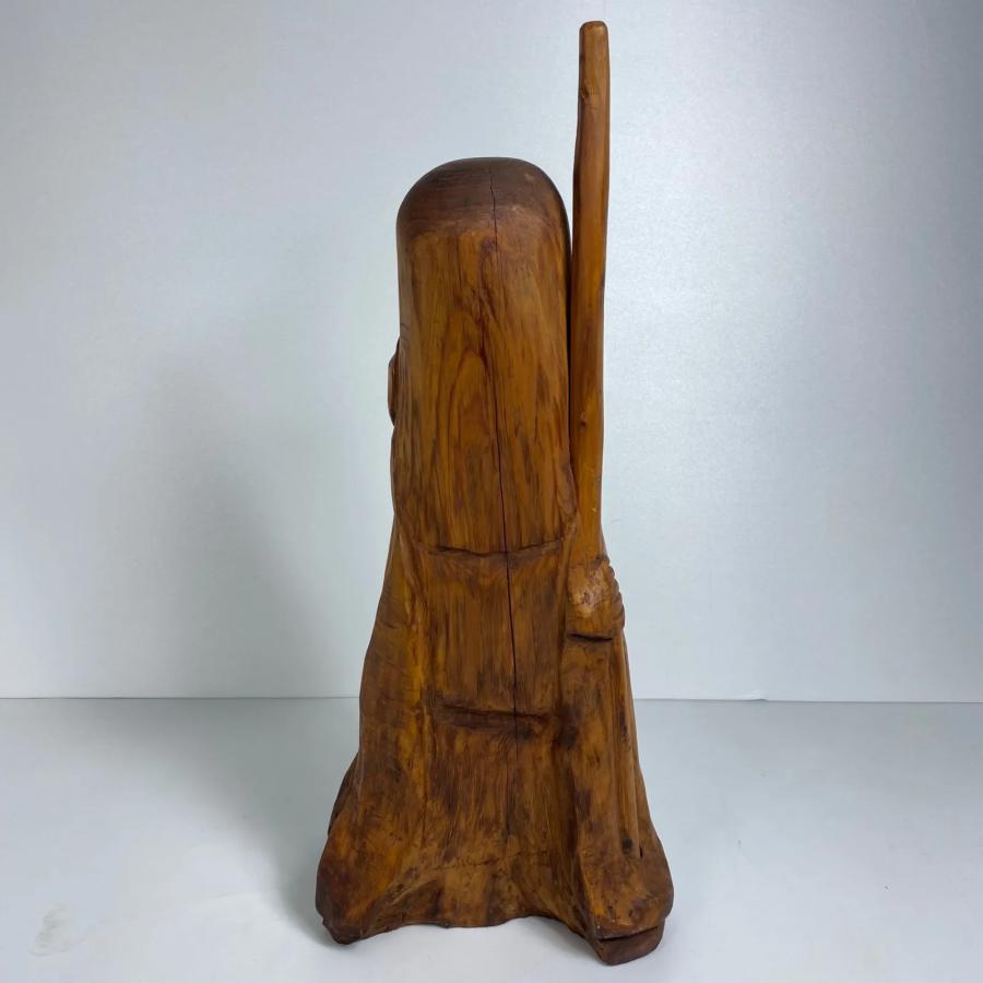 天然木彫り 寿老人 杖持ち 彫刻 オブジェ古物工芸品　高さ約7寸6分 木彫り 寿老人像 七福神 福禄寿 手彫り 彫刻置物 木製人形 工芸品 民芸