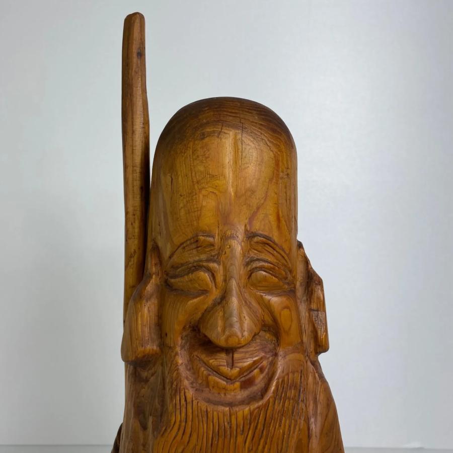 木彫り 寿老人像 七福神 福禄寿 手彫り 彫刻置物 木製人形 工芸品 民芸