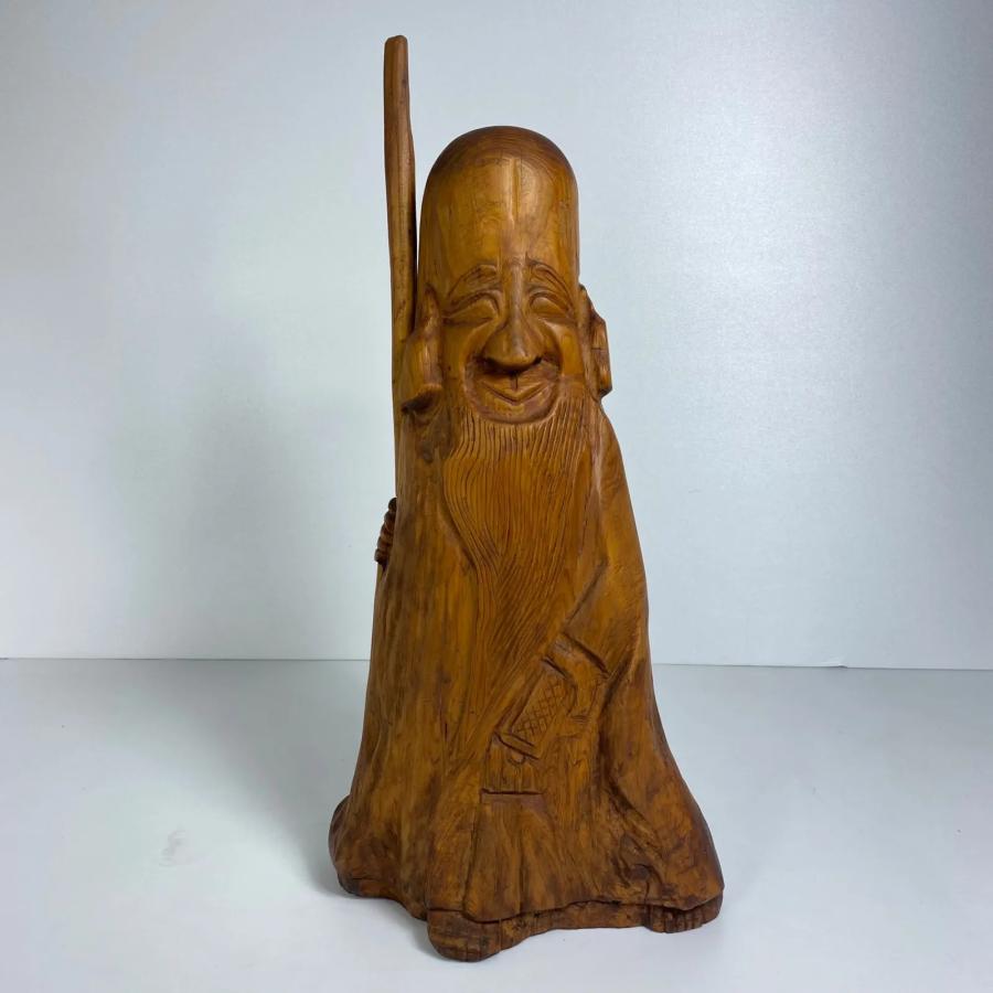 木彫り 寿老人像 七福神 福禄寿 手彫り 彫刻置物 木製人形 工芸品 民芸
