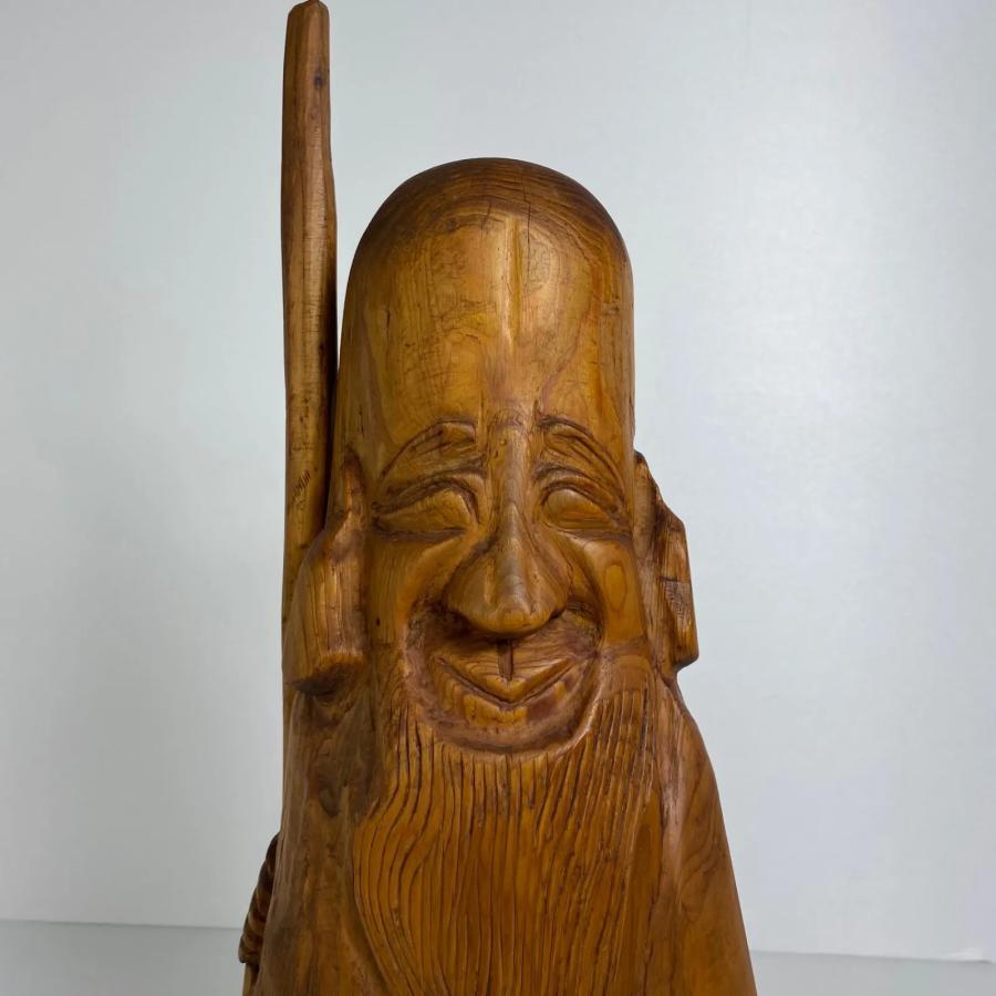 【立派な天然木】木彫り 福禄寿 寿老人 置物 一木彫り（重量 約8.5kg） 木彫り 寿老人像 七福神 福禄寿 手彫り 彫刻置物 木製人形 工芸品 民芸