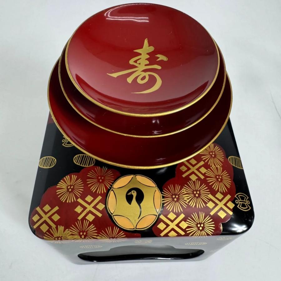 会津塗 黒塗 絵島型 四ツ揃 お屠蘇器 漆器セット 木箱入 金彩 鶴文様 松竹梅 会津塗 黒塗 絵島型 四ツ揃 婚礼用 漆器セット 木箱入 金彩 鶴文様