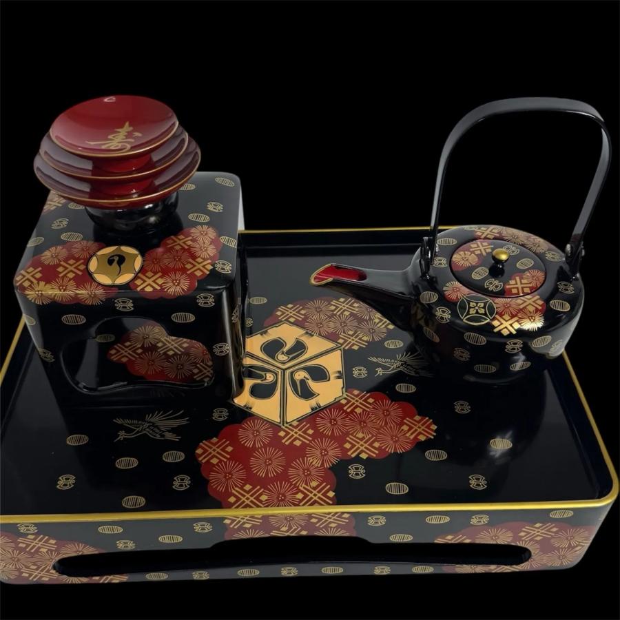 会津塗 黒塗 絵島型 四ツ揃 婚礼用 漆器セット 木箱入 金彩 鶴文様