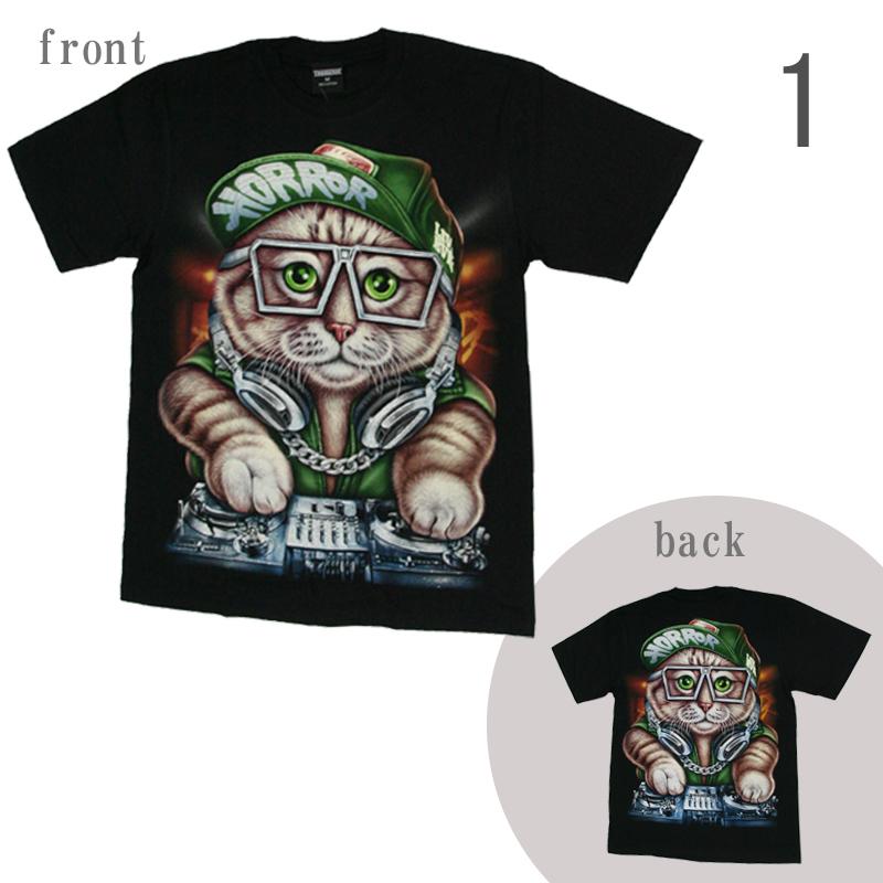 ドラハニ　猫　トップス 希少 レア ドラッグハニー スケルトンチェシャ猫 総柄 Tシャツ