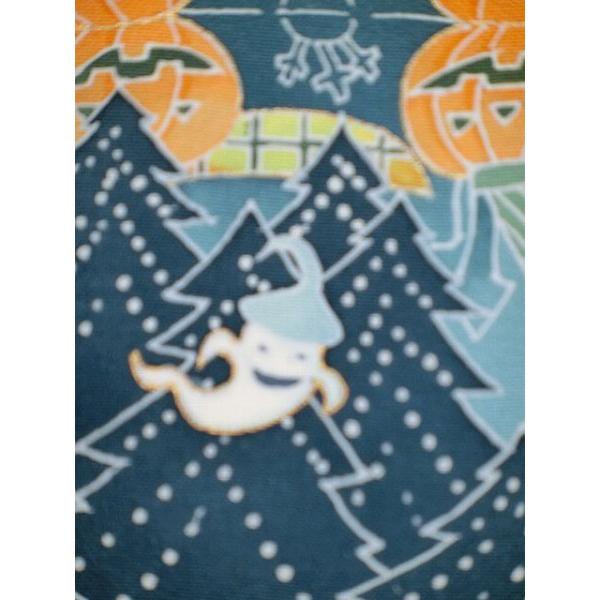 手描友禅作家　佐藤 洋宜　作　染め九寸名古屋帯　ハロウィン　水色地　かぼちゃ　コウモリ　魔女　月　ハロウィンが待ち遠しくなるとても楽しい絵柄_9