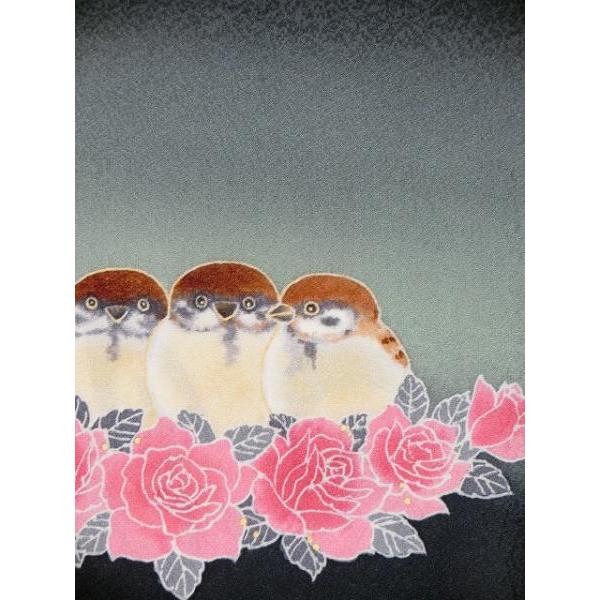 手描友禅作家 佐藤 洋宜 作 染め九寸名古屋帯 8羽の雀と薔薇 黒地 四つ 