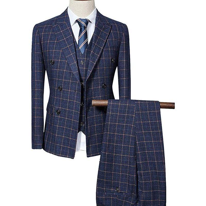 YFFUSHIスーツ メンズ スリーピース 1つボタン ダブルボタン チェック柄 ストライプ ビジネススーツ スリム 結婚式 スーツ 　 チェック柄 ストライプ メンズ スリーピース 1つボタン ダブルボタン ビジネススーツ スリム 結婚式 スーツ サイズ