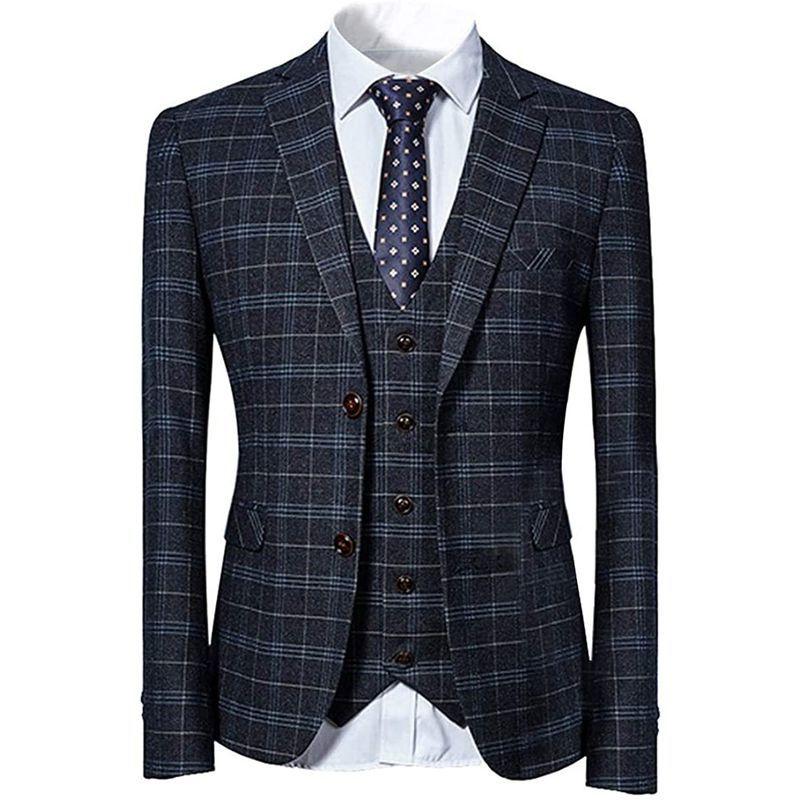 YFFUSHIスーツ メンズ スリーピース 1つボタン ダブルボタン チェック柄 ストライプ ビジネススーツ スリム 結婚式 スーツ 　 チェック柄 ストライプ メンズ スリーピース 1つボタン ダブルボタン ビジネススーツ スリム 結婚式 スーツ サイズ