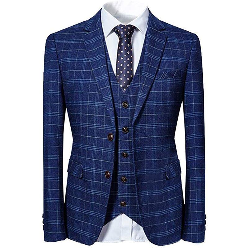 YFFUSHIスーツ メンズ スリーピース 1つボタン ダブルボタン チェック柄 ストライプ ビジネススーツ スリム 結婚式 スーツ 　 チェック柄 ストライプ メンズ スリーピース 1つボタン ダブルボタン ビジネススーツ スリム 結婚式 スーツ サイズ
