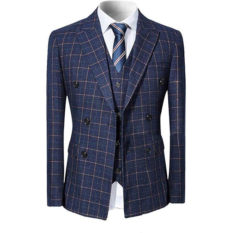 YFFUSHIスーツ メンズ スリーピース 1つボタン ダブルボタン チェック柄 ストライプ ビジネススーツ スリム 結婚式 スーツ 　 チェック柄 ストライプ メンズ スリーピース 1つボタン ダブルボタン ビジネススーツ スリム 結婚式 スーツ サイズ