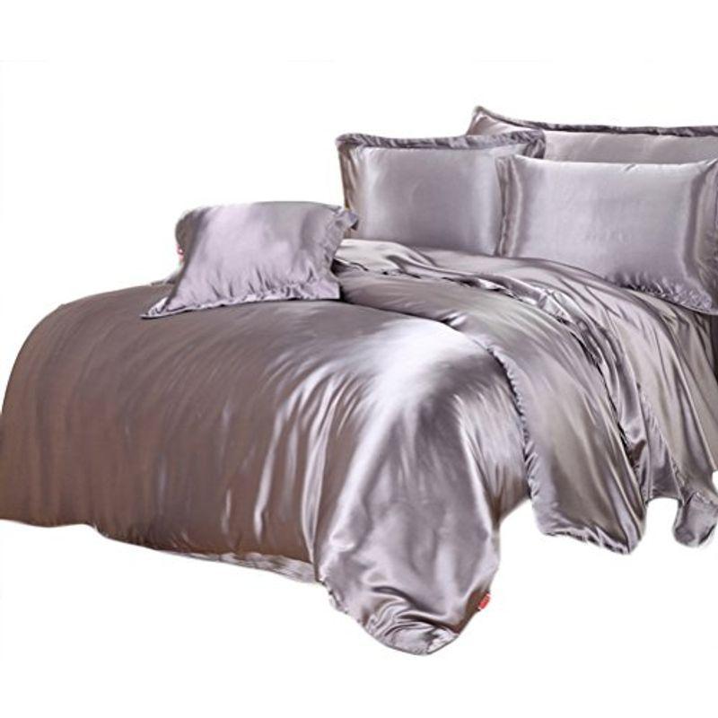 布団カバー4点セット クイーン 無地 シルクと大豆タンパク繊維 (掛け布団カバー・ボックスシーツ・枕カバー) グレー 並行輸入品