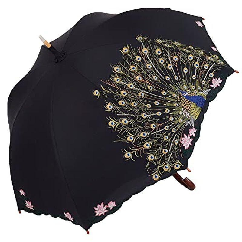 日傘 晴雨兼用 女優日傘 長日傘 刺繍 孔雀 完全遮光 遮熱 UVカット かわず張り 涼しい 特殊2重張り 全面刺繍 (ブラック)