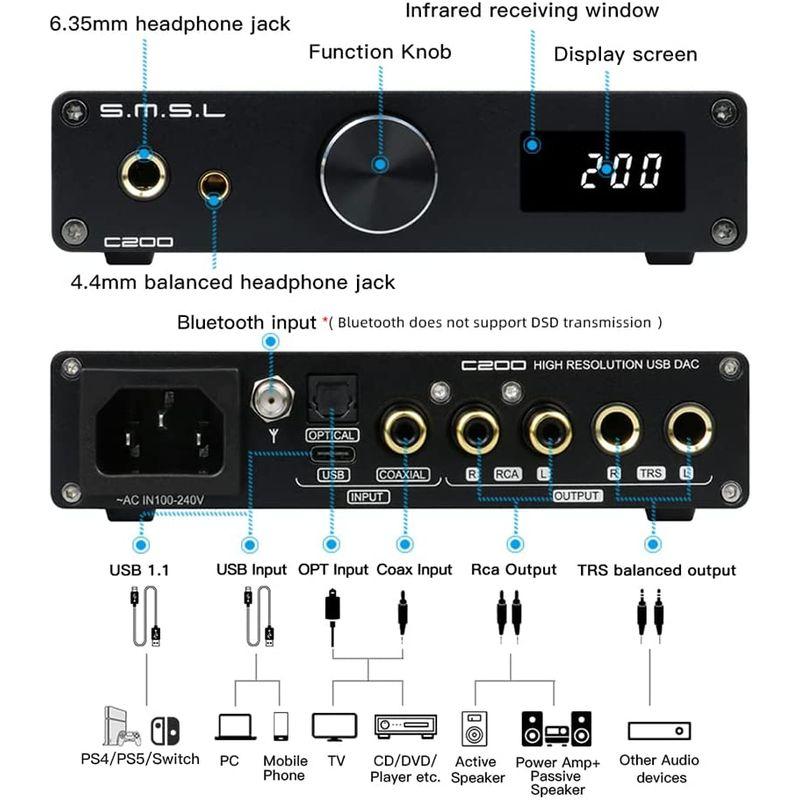 保証書付 SMSL C200 USB Bluetooth DAC ヘッドフォンアンプ LDAC ハイレゾワイヤレス XMOS ES9038Q2M 4x