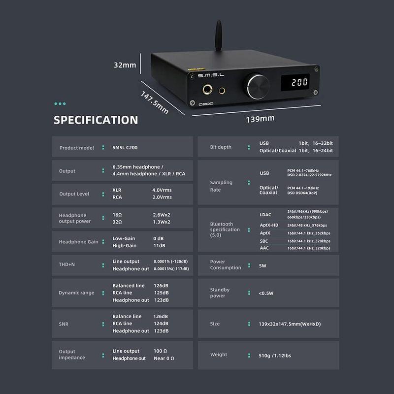 保証書付 SMSL C200 USB Bluetooth DAC ヘッドフォンアンプ LDAC ハイレゾワイヤレス XMOS ES9038Q2M 4x