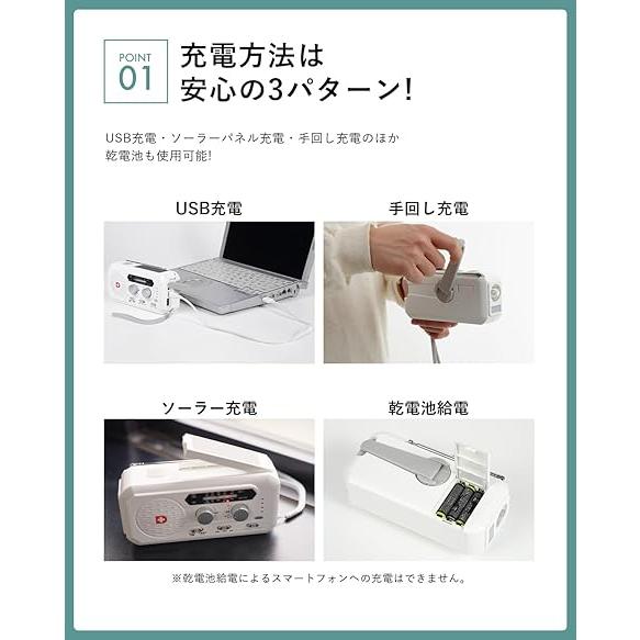 ソーラー多機能 防災ラジオ ライト 5000mAhバッテリー搭載 スマホ充電 手回し 充電３パターン 防災グッズ 防災防犯ダイレクトの画像