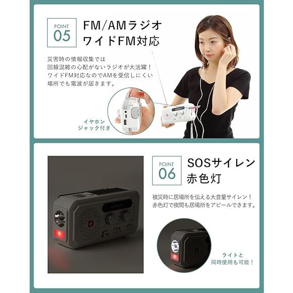 ソーラー多機能 防災ラジオ ライト 5000mAhバッテリー搭載 スマホ充電 手回し 充電３パターン 防災グッズ 防災防犯ダイレクトの画像