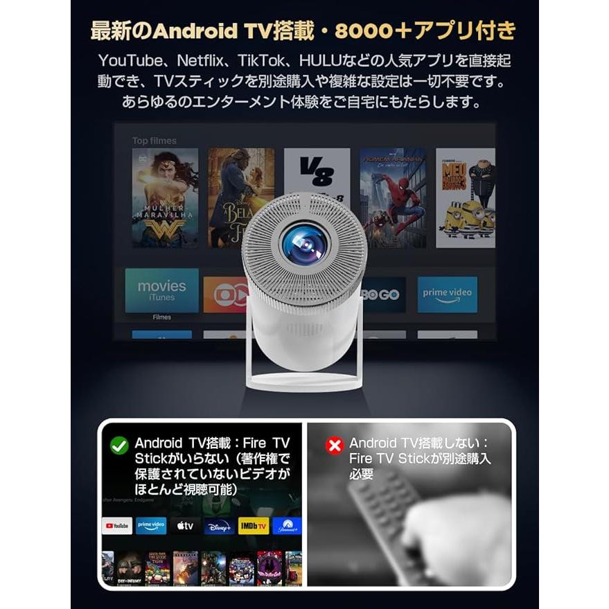 最新Android TV 13.0搭載 プロジェクター 小型 20000LM 270°回転