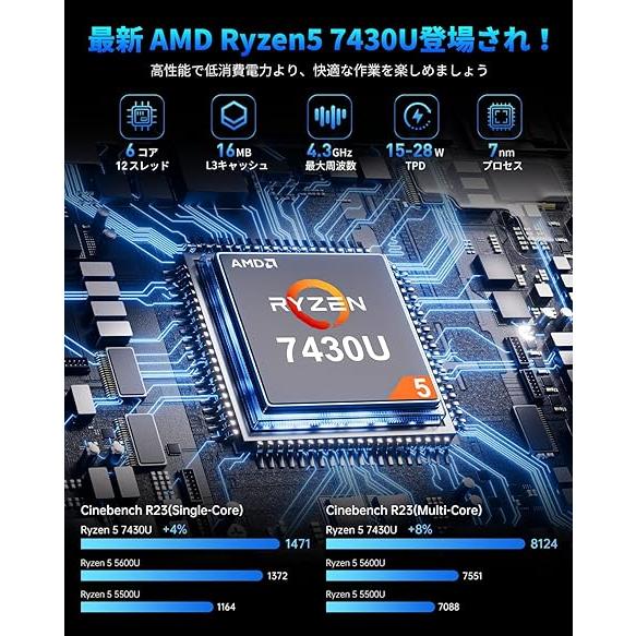 高性能ミニパソコン　 モニター Ryzen 5 7430u office 2025年最新 ミニpc AMD R5 7430U【16GB DDR4 512SSD M.2 NVMe