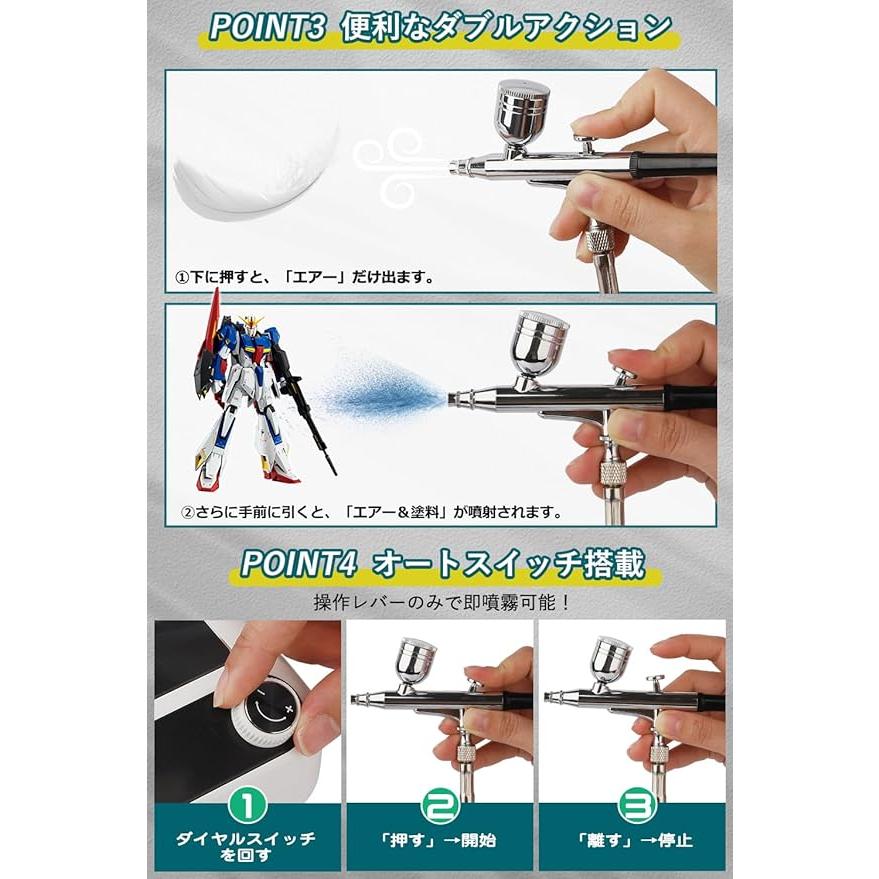 エアブラシ ミニコンプレッサー セット 41PSI 2つエアー吐出口 2本