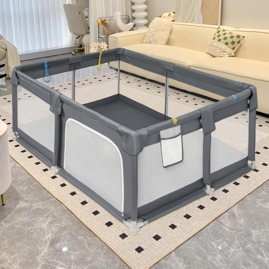 ベビーサークル サークル 120x160x66cm 長方形 コンパクト 扉付き 大型 滑り止め吸盤 メッシュタイプ 洗濯可能 収納バッグ付き 室内外対応 ダークグレーの画像