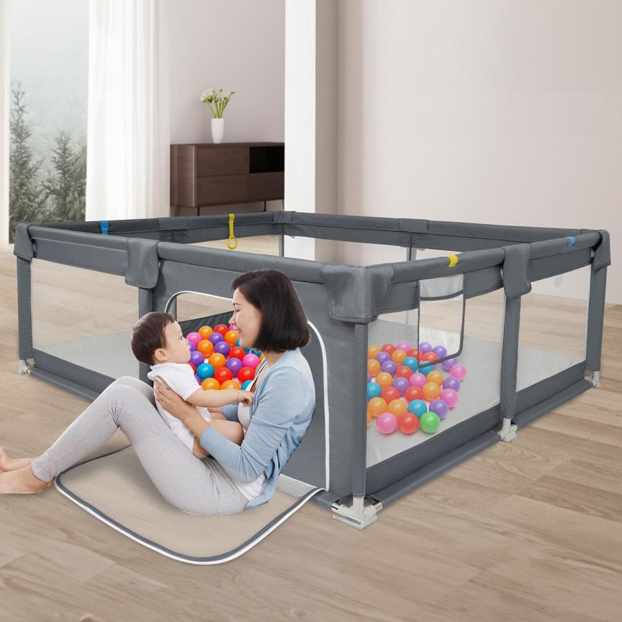 ベビーサークル サークル 120x160x66cm 長方形 コンパクト 扉付き 大型 滑り止め吸盤 メッシュタイプ 洗濯可能 収納バッグ付き 室内外対応 ダークグレーの画像