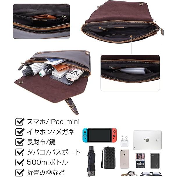 レトロ 台形 ボディバッグ 厚手牛革 ショルダーバッグ 横縦2WAY 斜掛け 