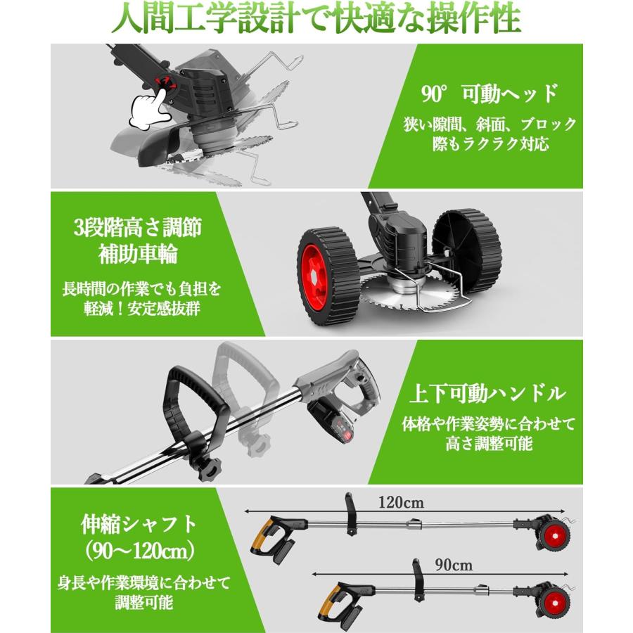 草刈り機 充電式草刈り機 1880W高功率 2000mAh*2大容量 強力電動草