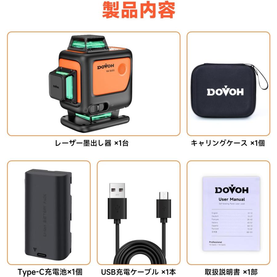 グリーンレーザー墨出し器 4x360° 16ライン レーザー水平器 4Dレーザー