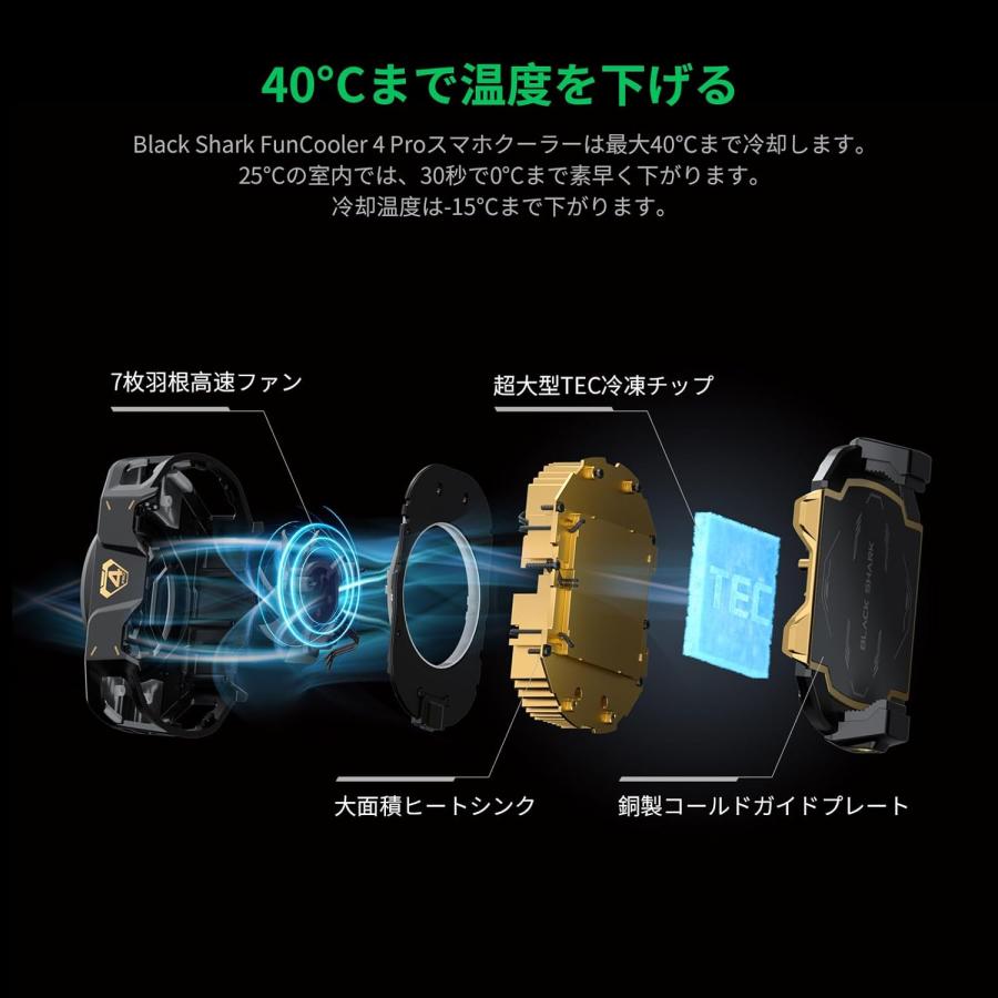 スマホ 冷却ファン FunCooler 4 Pro、27W スマホクーラー、スリープタイマー/ファンの速度の設定、6.7-8.8 cm iPhone/Android 用ヒートシンク