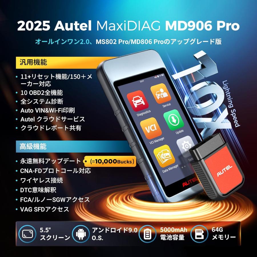 MD906PRO obd2診断機、永遠無料アップデート、全システム診断、11特殊