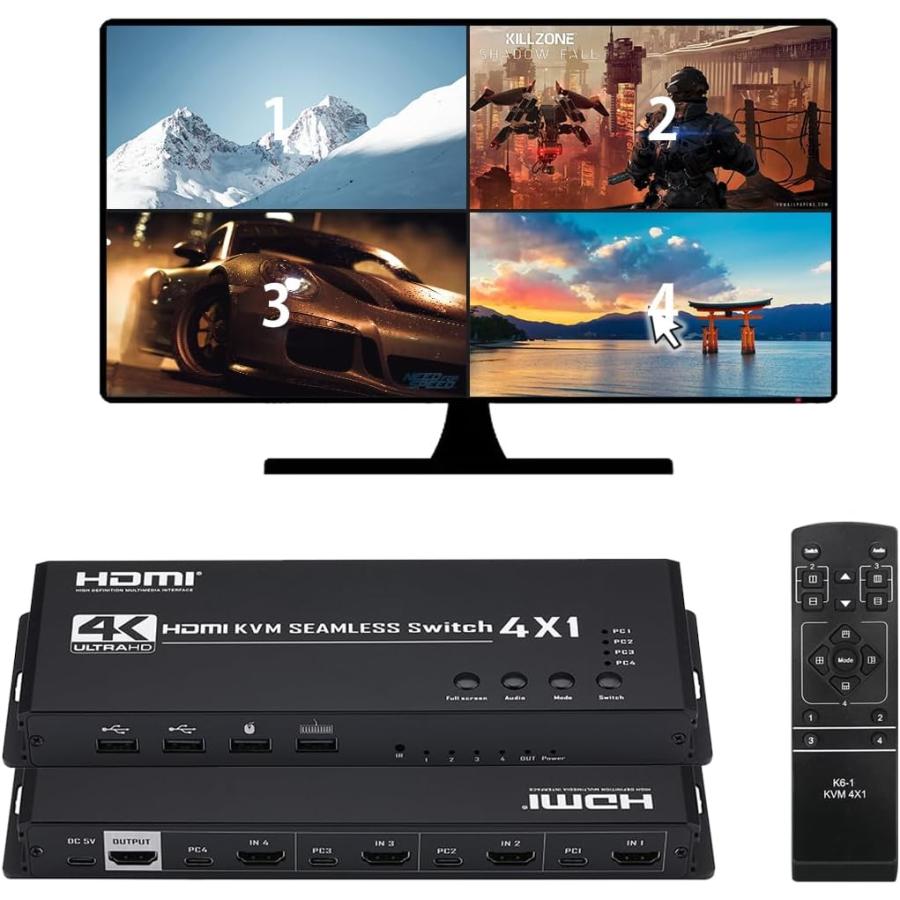 4K HDMI KVM 画面分割器 4入力1出力 画面分割切替器 4x1 4台のパソコン