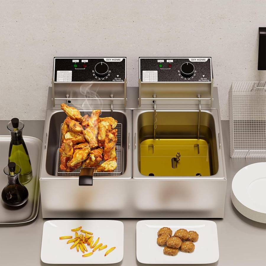 20L業務用電気フライヤー、3400W卓上フライヤー、2×6L取り外し可能なバスケット付き、温度調節機能付きフライヤー 20L業務用電気フライヤー 3400W卓上フライヤー 2×6L取り外し可能な