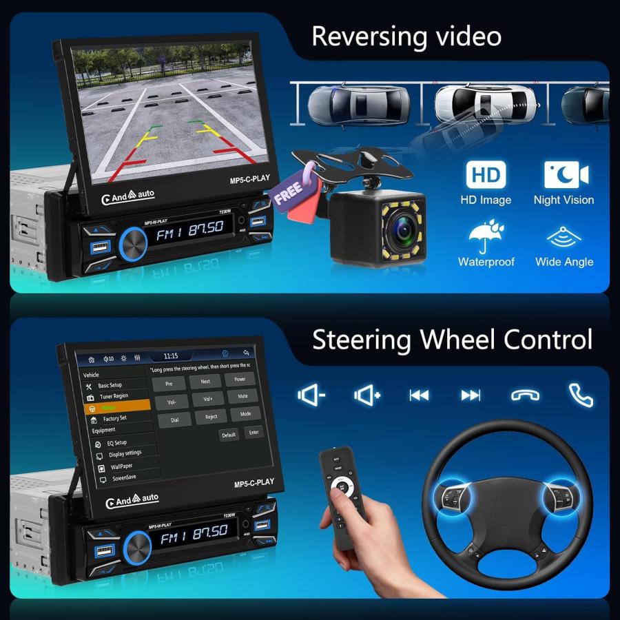 1Dinの無線 Carplayカーオーディオ無線Android Auto、Bluetoothの