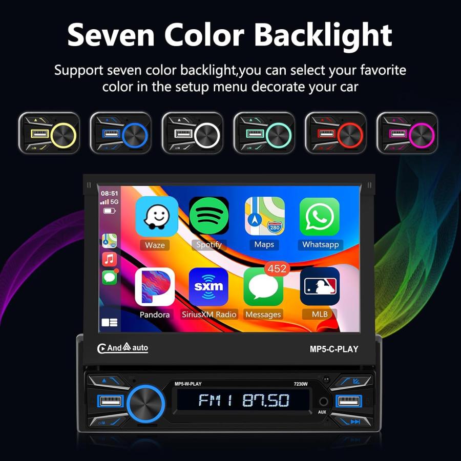 1Dinの無線 Carplayカーオーディオ無線Android Auto、Bluetoothの