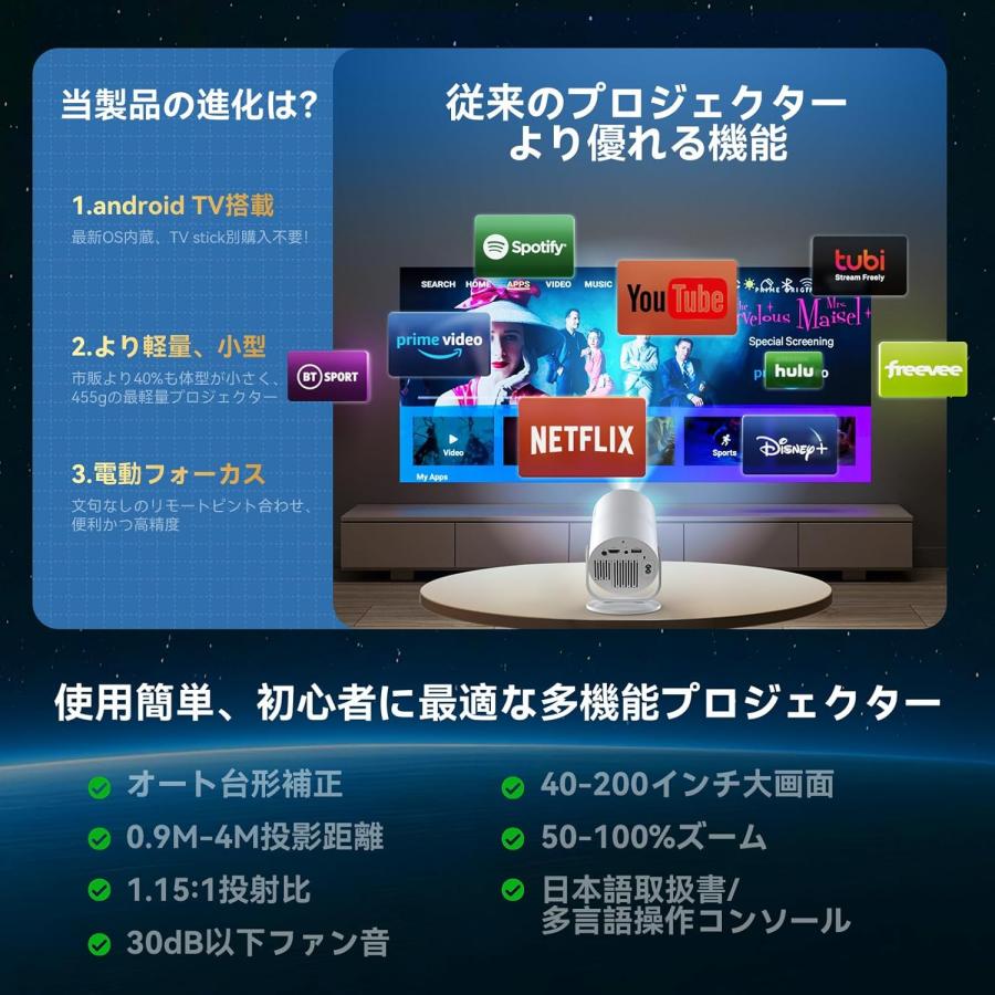 プロジェクター 家庭用 Android TV搭載 超小型 270°回転 4K対応 1080P 