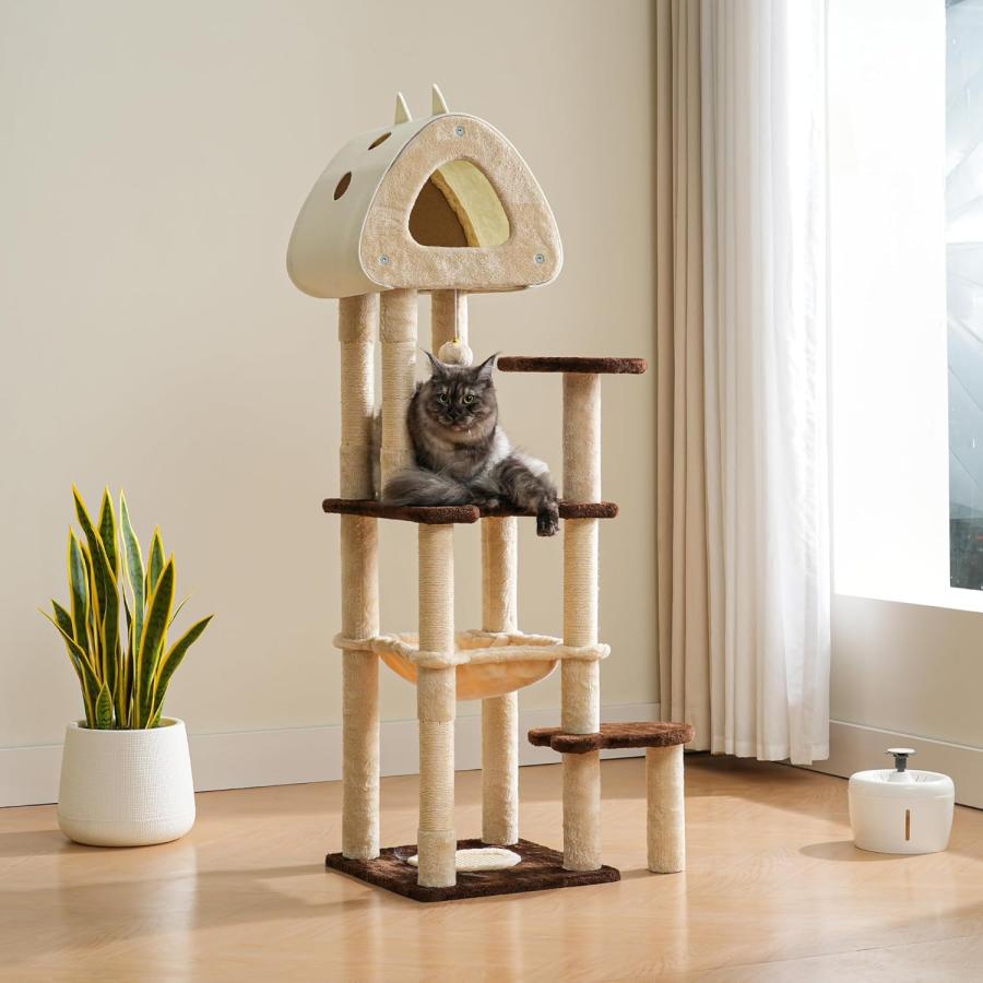 キャットタワー スリム 猫タワー 据え置き 多頭飼い 省スペース ハンモック 見晴台 シニア猫 天然麻紐 爪とぎ 運動不足解消 組立て簡単 高さ143cm ブラウンの画像