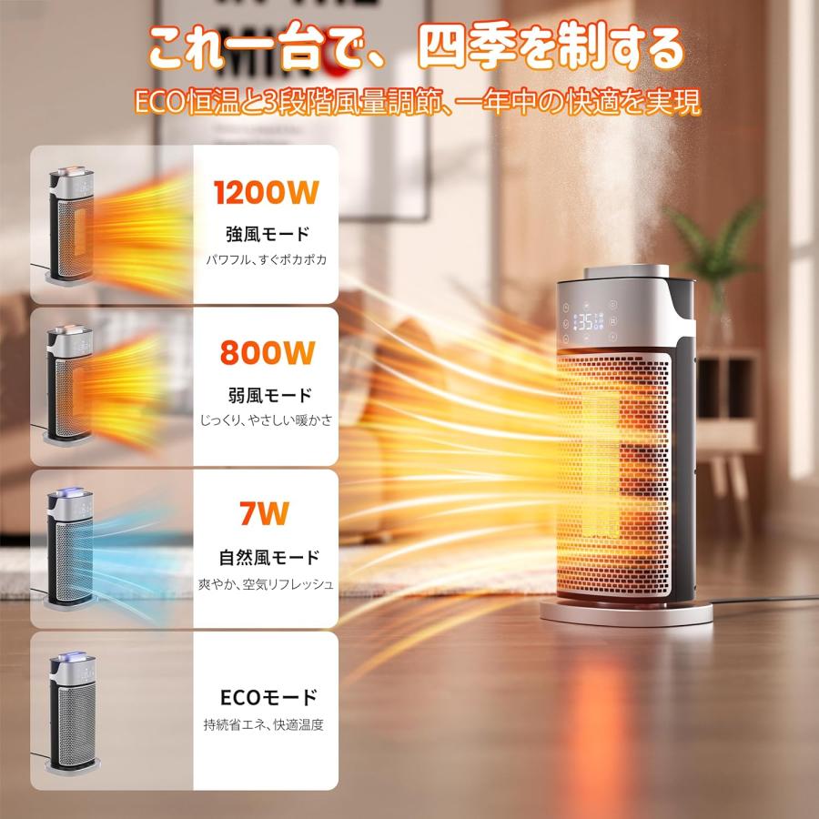 セラミックヒーター 1s速暖 電気ファンヒーター 1200W 3段階調整 90°首