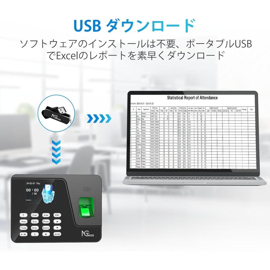 タイムレコーダー 指紋認証 パスワード 勤怠管理 不正打刻防止 USB